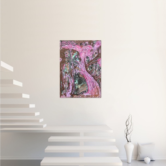 Wild Flowers fantasy pink large flower, medium size original, art painting - Picture 4 of 4